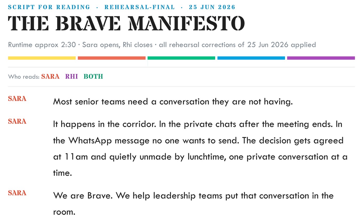 First page of The Brave Manifesto script for reading, marked rehearsal-final, 25 June 2026, with the opening lines and who reads each one