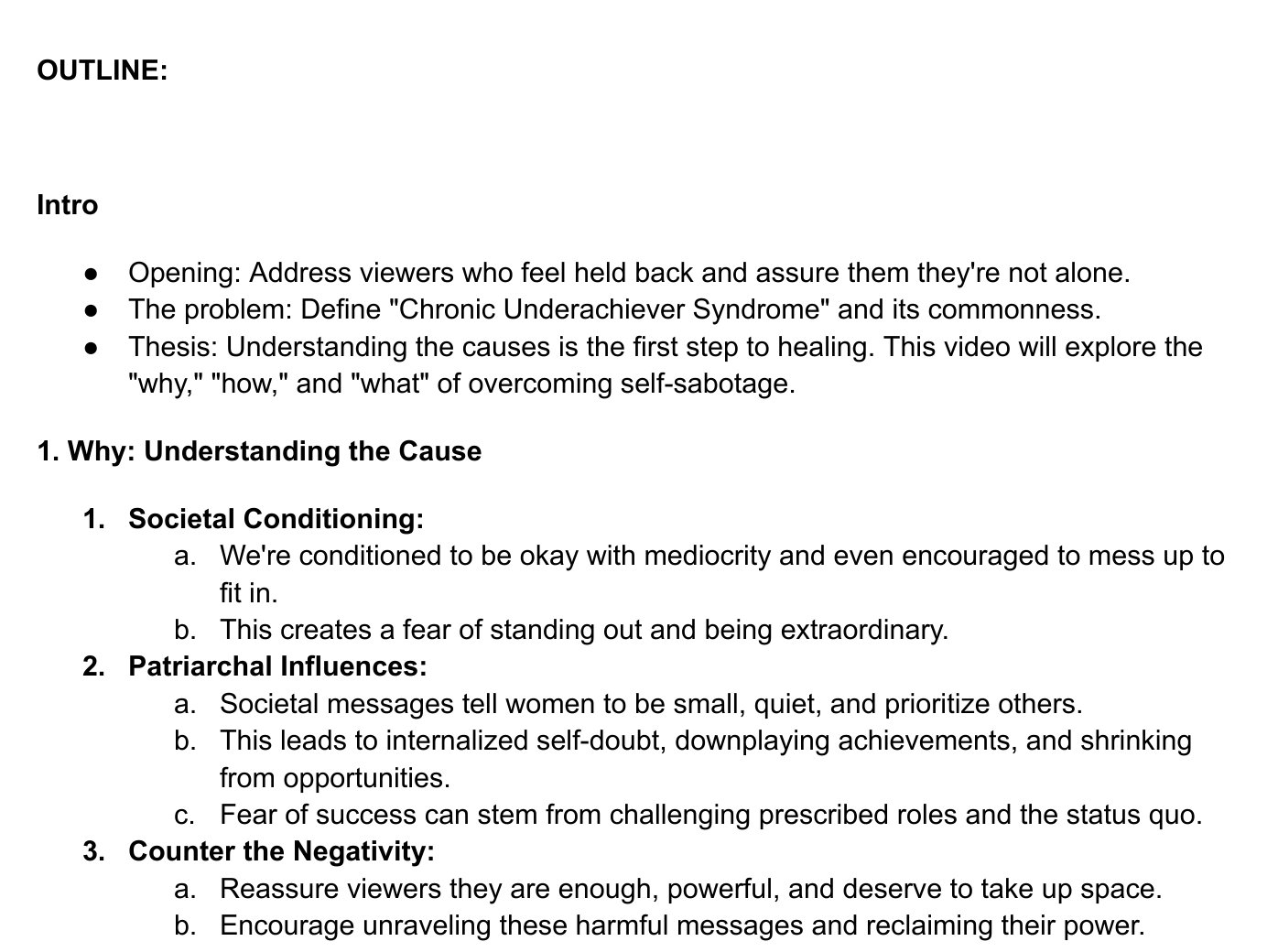 The outline of Mecca's own Self Sabotage script, September 2024: intro, then 1. Why: understanding the cause, with its three parts