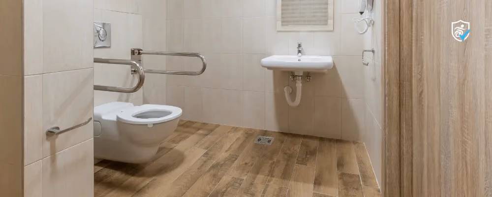 Photo of a wheelchair accessible adapted bathroom.