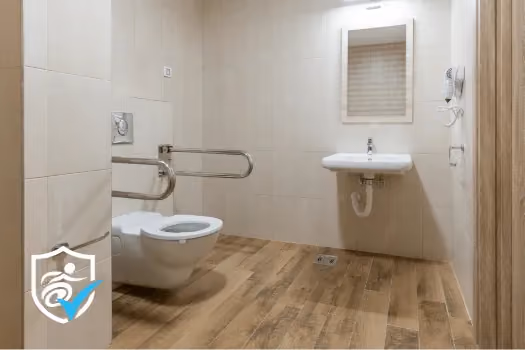 Photo of a wheelchair accessible adapted bathroom.