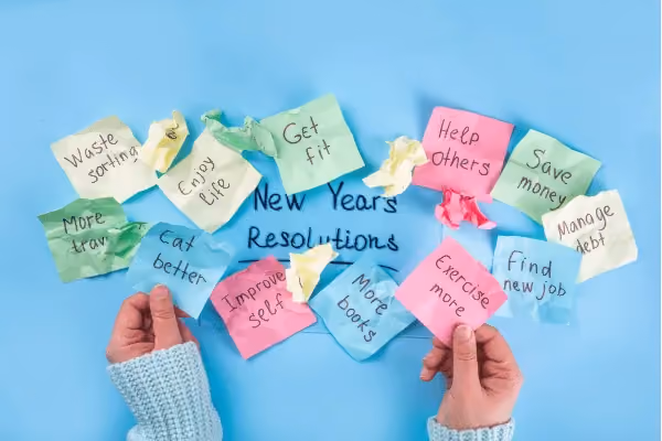 A flat lay of new years' resolutions written on post it notes seen from above