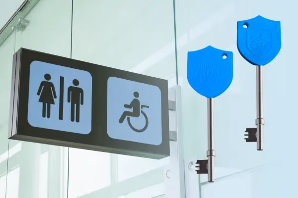Sign for accessible toilet facilities, with graphic showing the National Disability Card RADAR Key