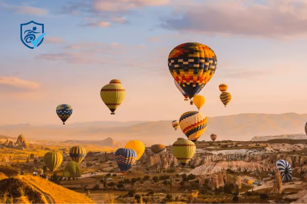 Photo of hot air balloons over a valley in turkey.