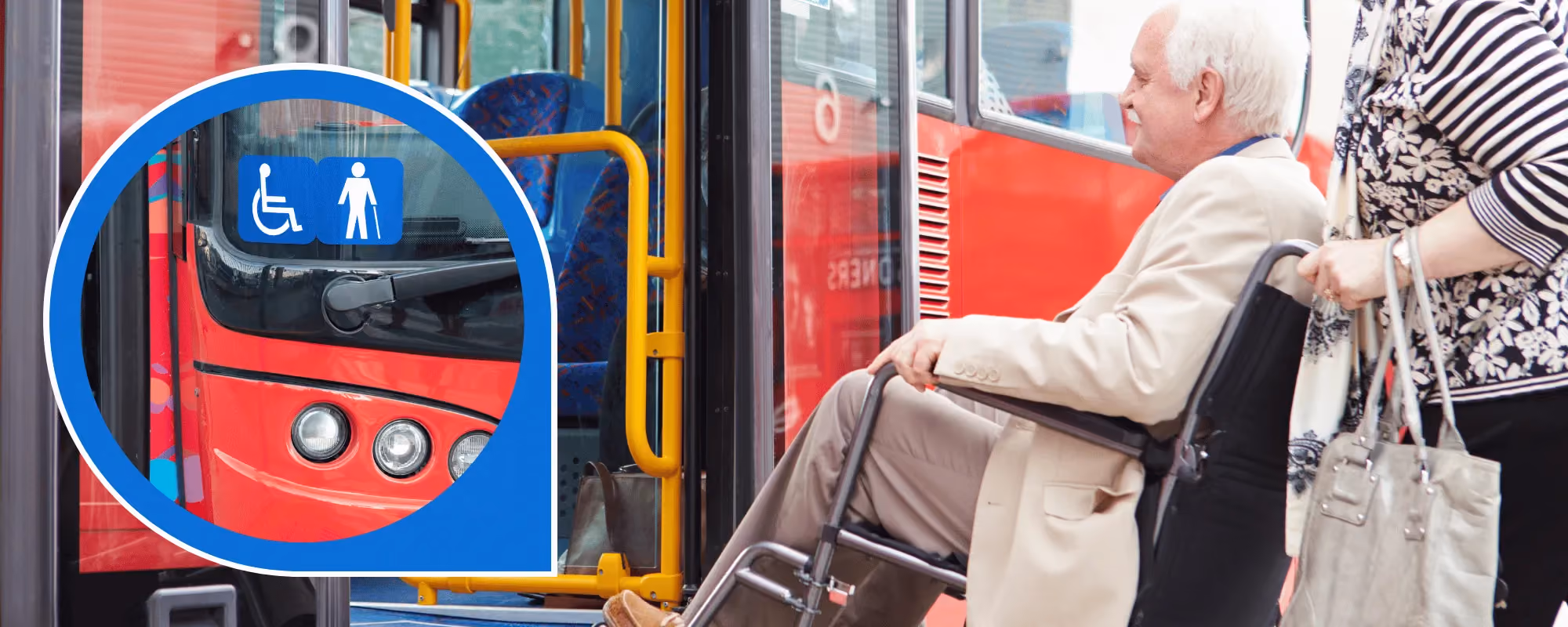 Photo of a man in a wheelchair being pushed up a ramp to get on a bus.