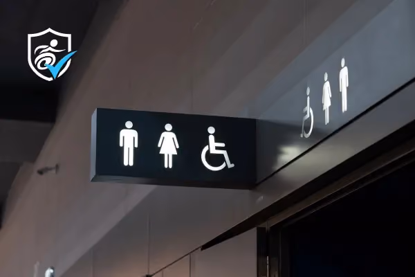 Photo of a sign for a toilet at the airport and a National Disability Card logo.