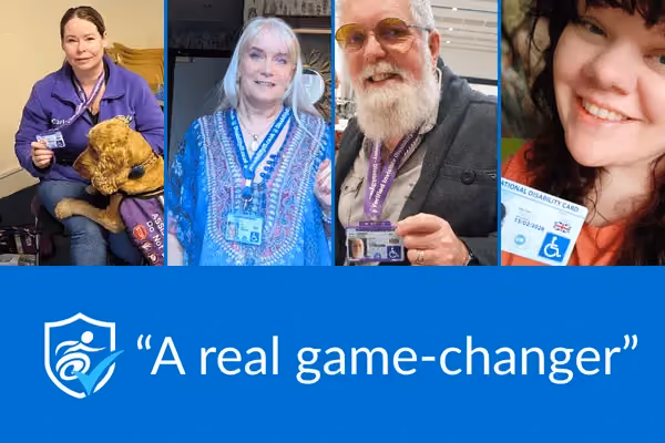 Four photos of Disability Card holders holding up their cards with the words "A real game-changer." 