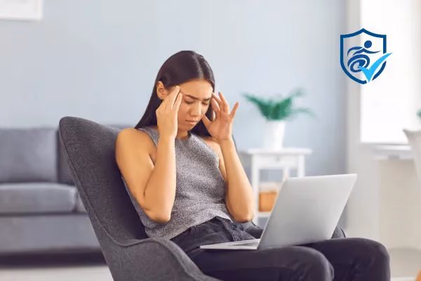 Photo of a woman sitting down with her laptop on her lap and fingers on her temples