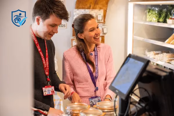 A woman wearing the hidden disability lanyard and a man with the carer lanyard at a shop together.