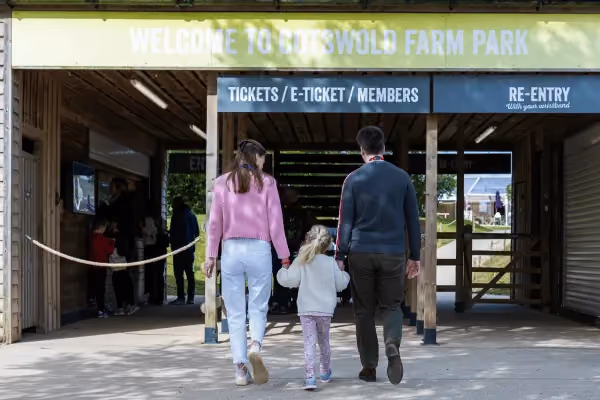Photo of a woman, man and child walking towards the Cotswolds Farm Park entrance
