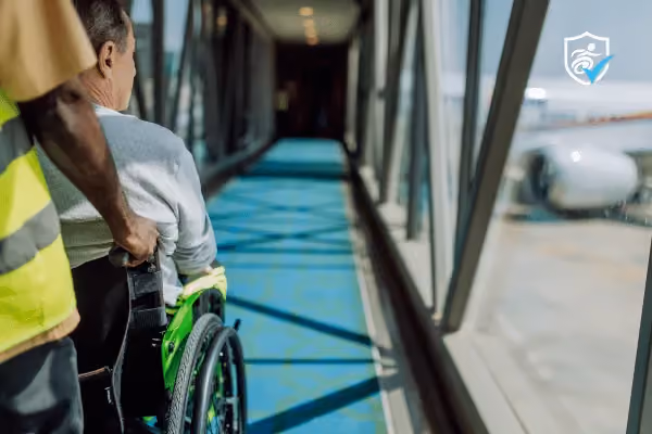 Photo of a man in a wheelchair being pushed by someone in a high-vis jacket down an airport tunnel.