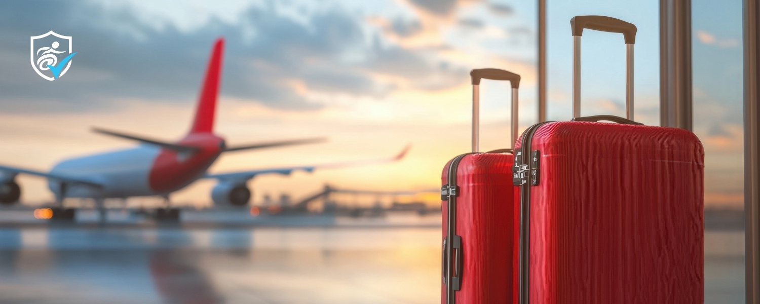 Photo of a plane through an airport window with two red suitcases at the right of the image
