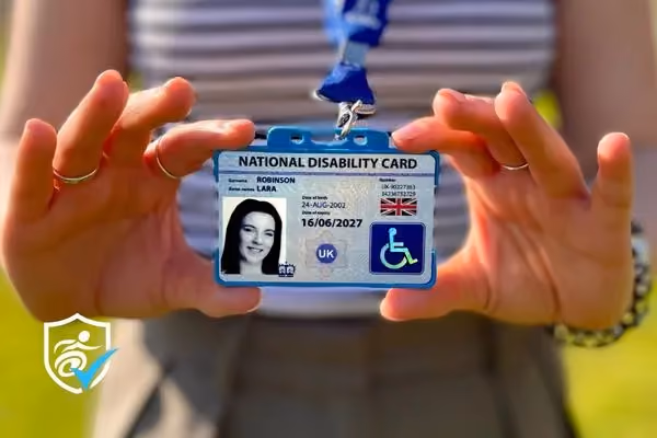 Close up of a woman showing her National Disability Card