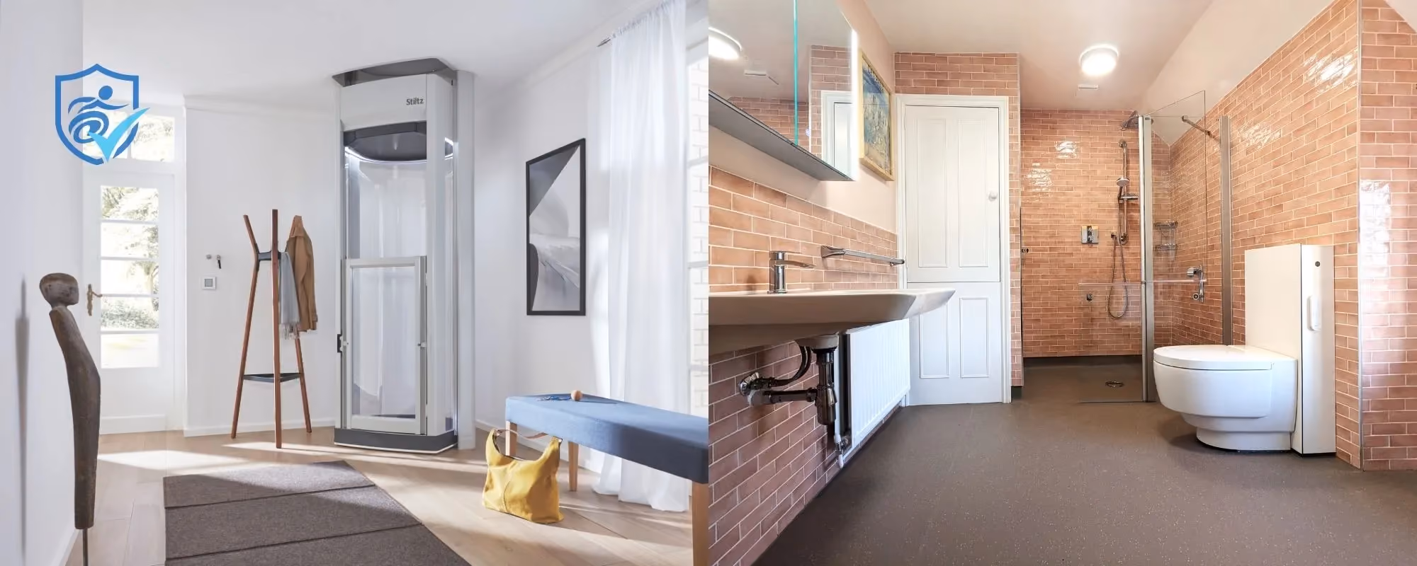 Accessible hallway and bathroom with mobility features for disabled people.