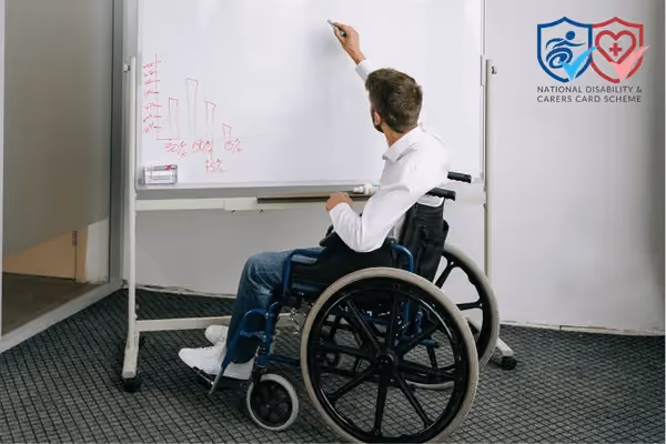 photo of a man next to a blackboard showing jobs/work for disabled people remote
