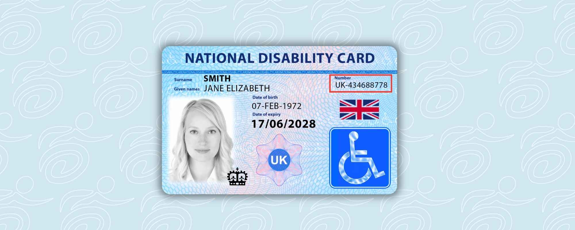 graphic showing the national disability card with the card number outlined in red