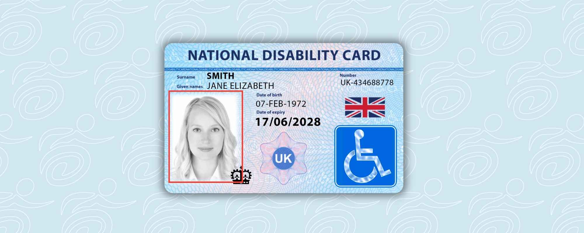graphic showing the national disability card with the card holder photo outlined in red