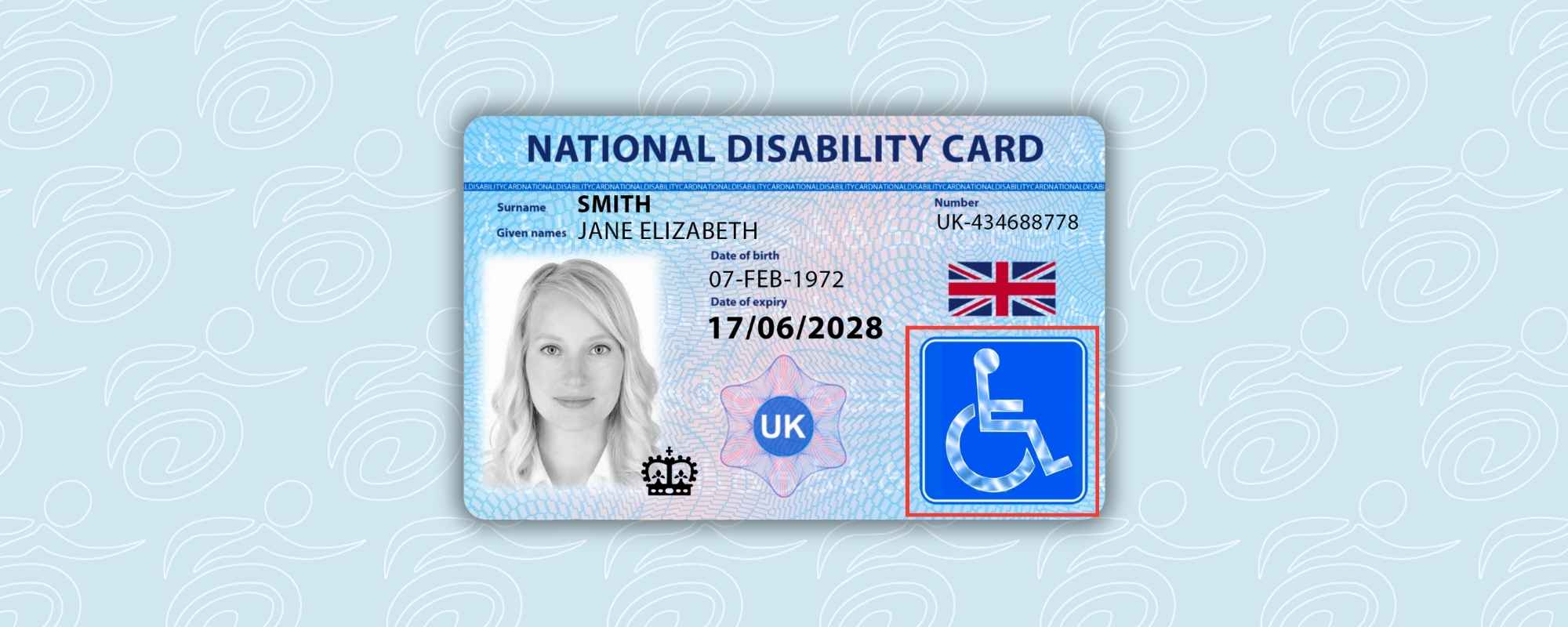 graphic showing the national disability card with the international symbol of access outlined in red