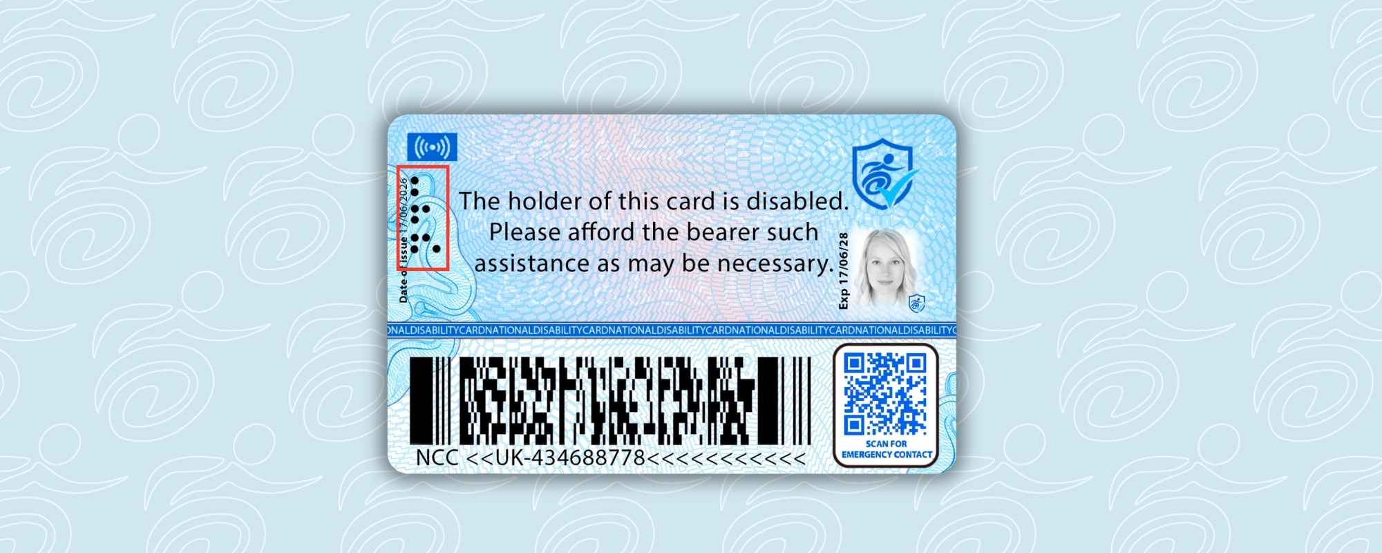 graphic showing the national disability card with the braille initials NDC outlined in red