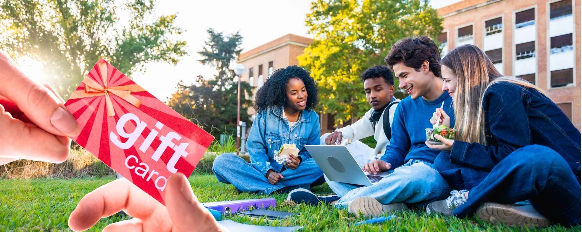 Photo of a group of students outside a university with a laptop and an image of a gift card being handed over in one corner