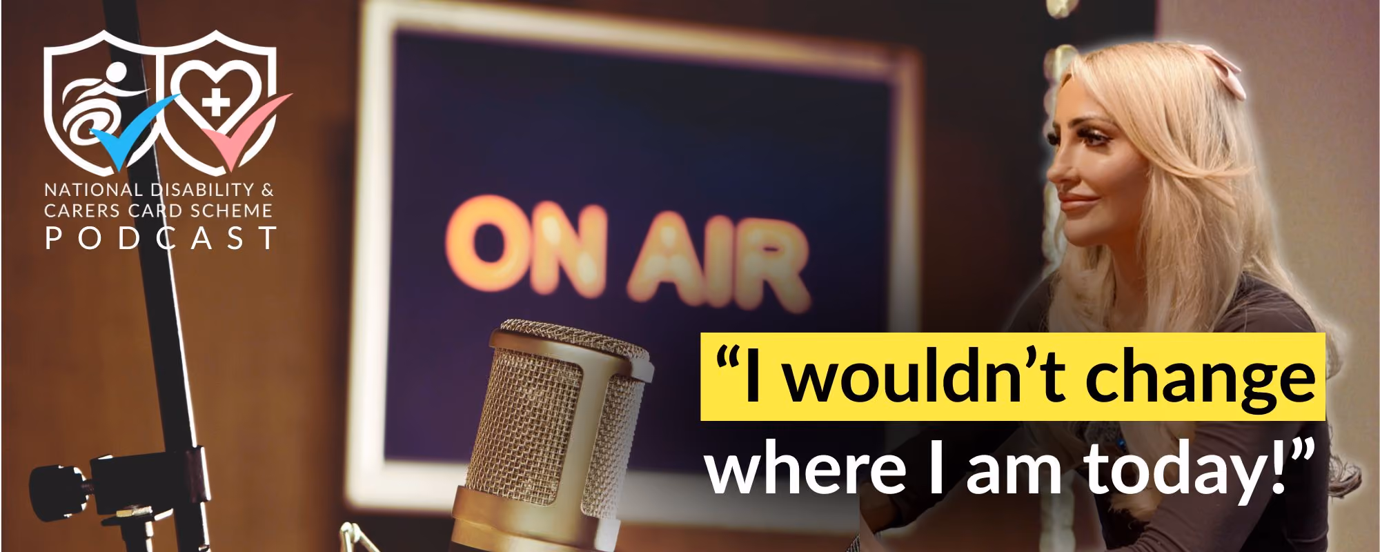 Graphic showing Holly being interviewed against a generic podcast background with text 'I wouldn't change where I am today'