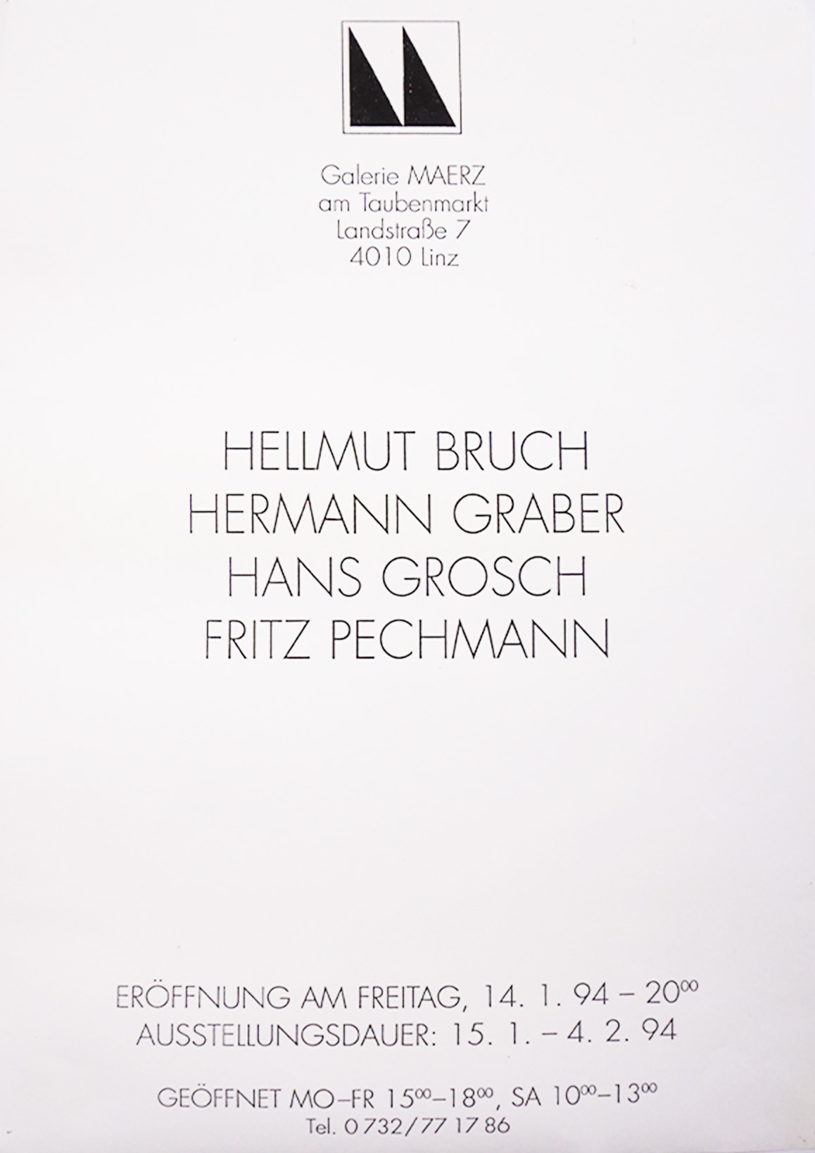 Group exhibition poster featuring Helmut Bruch, Hermann Graber, Hans Grosch, and Fritz Pechmann at Galerie Maurer, 1994, with a simple black-and-white layout.