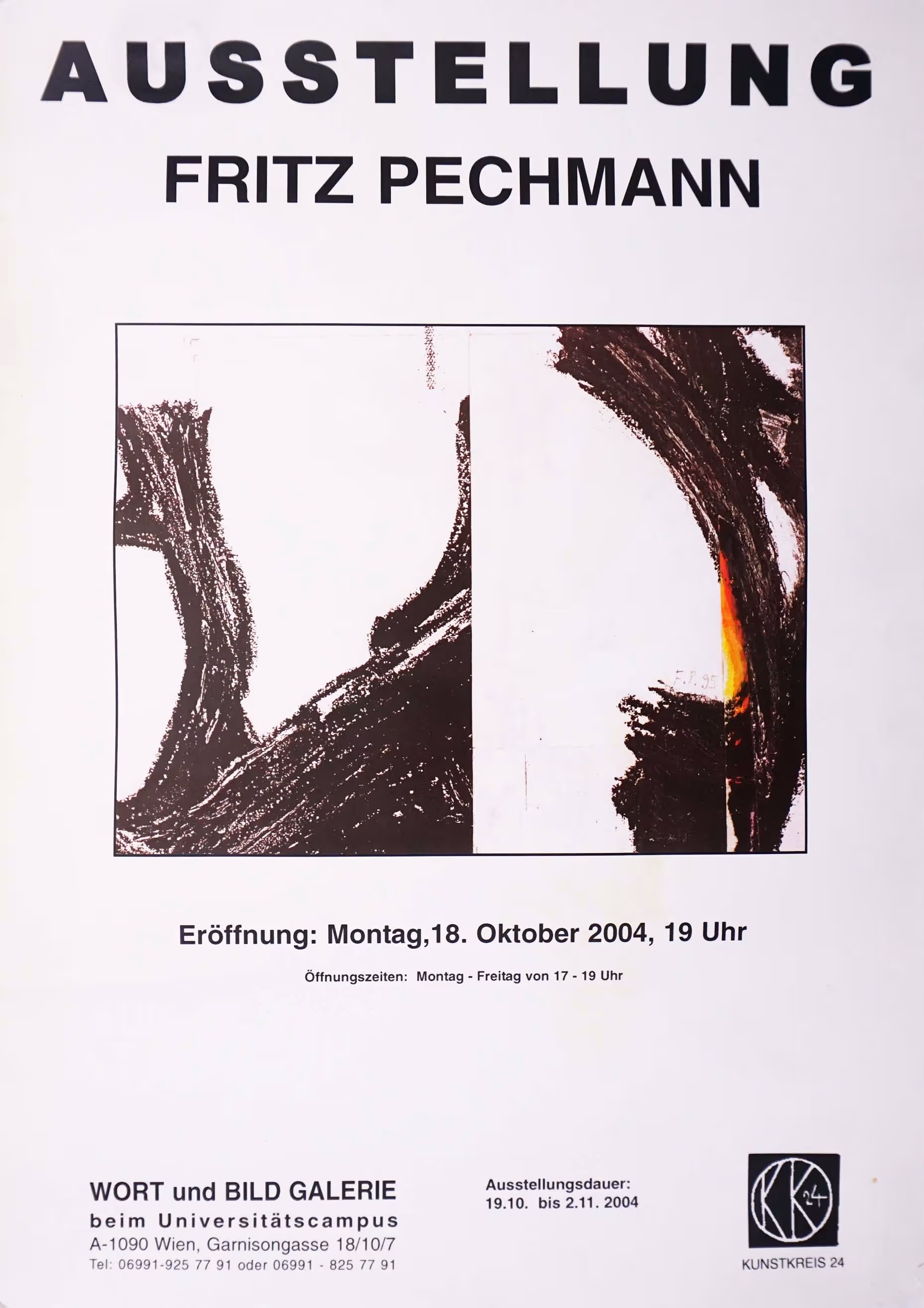 Fritz Pechmann exhibition poster, Wort und Bild Galerie, 2006, showing a brown abstract tree-like or structural form against white background.