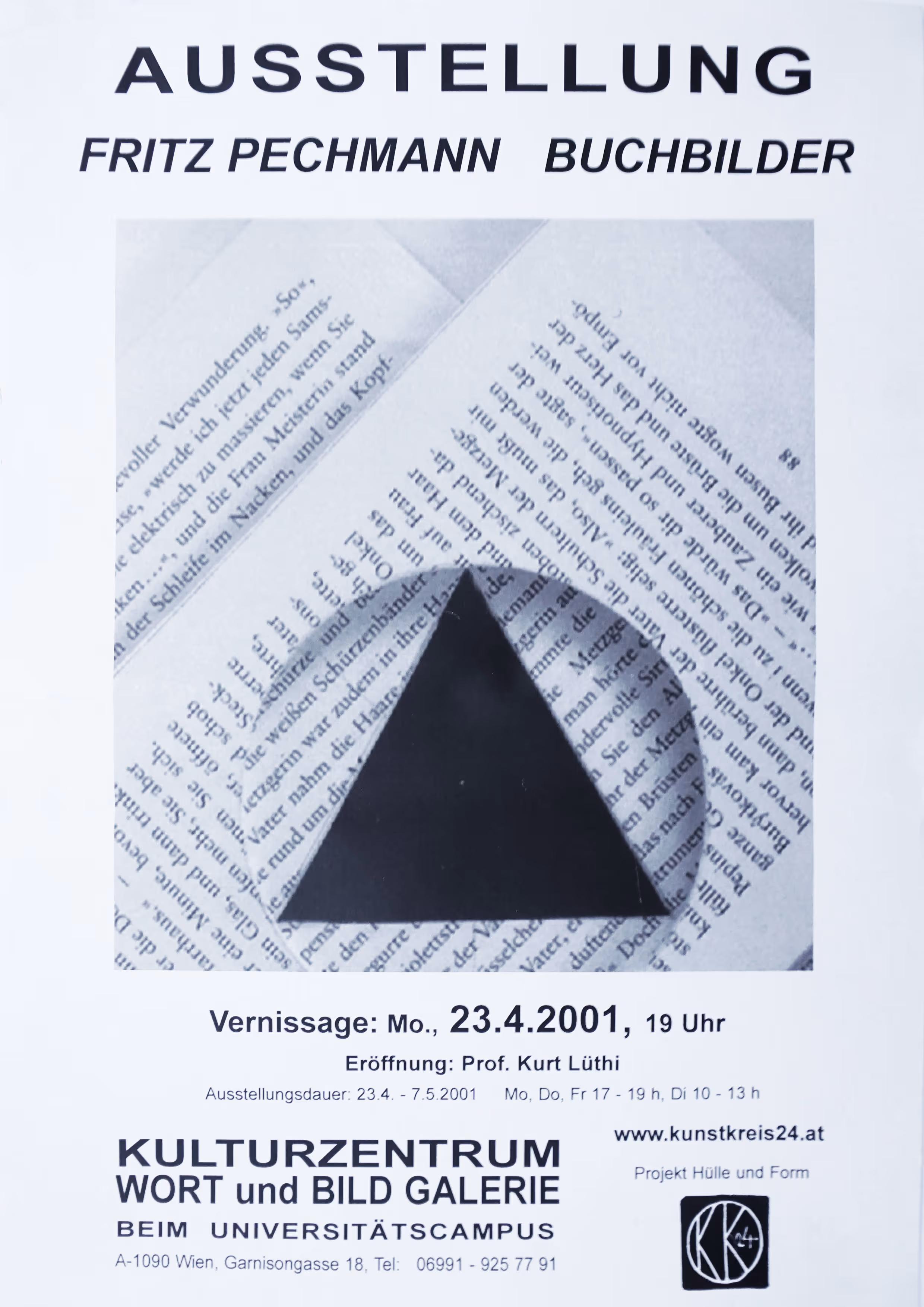Fritz Pechmann “Buchbilder” exhibition poster, Kulturzentrum Wort und Bild Galerie, 2001, featuring a triangular cut-out geometric collage in black and white.