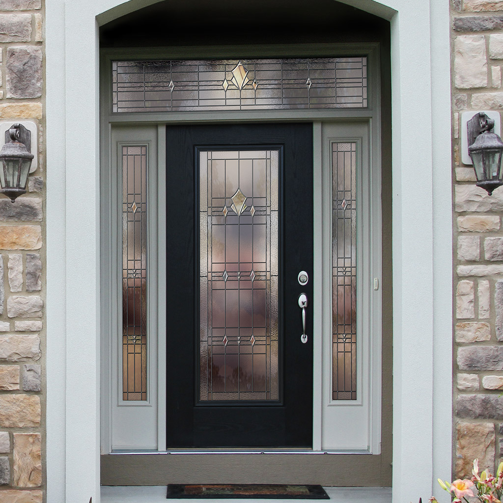 Black front door with decorative glass panels enhances energy efficiency and home curb appeal.