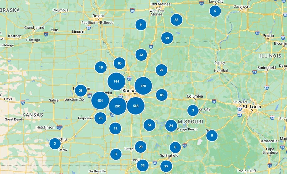 Map highlighting Shinnova's service areas across Kansas and Missouri