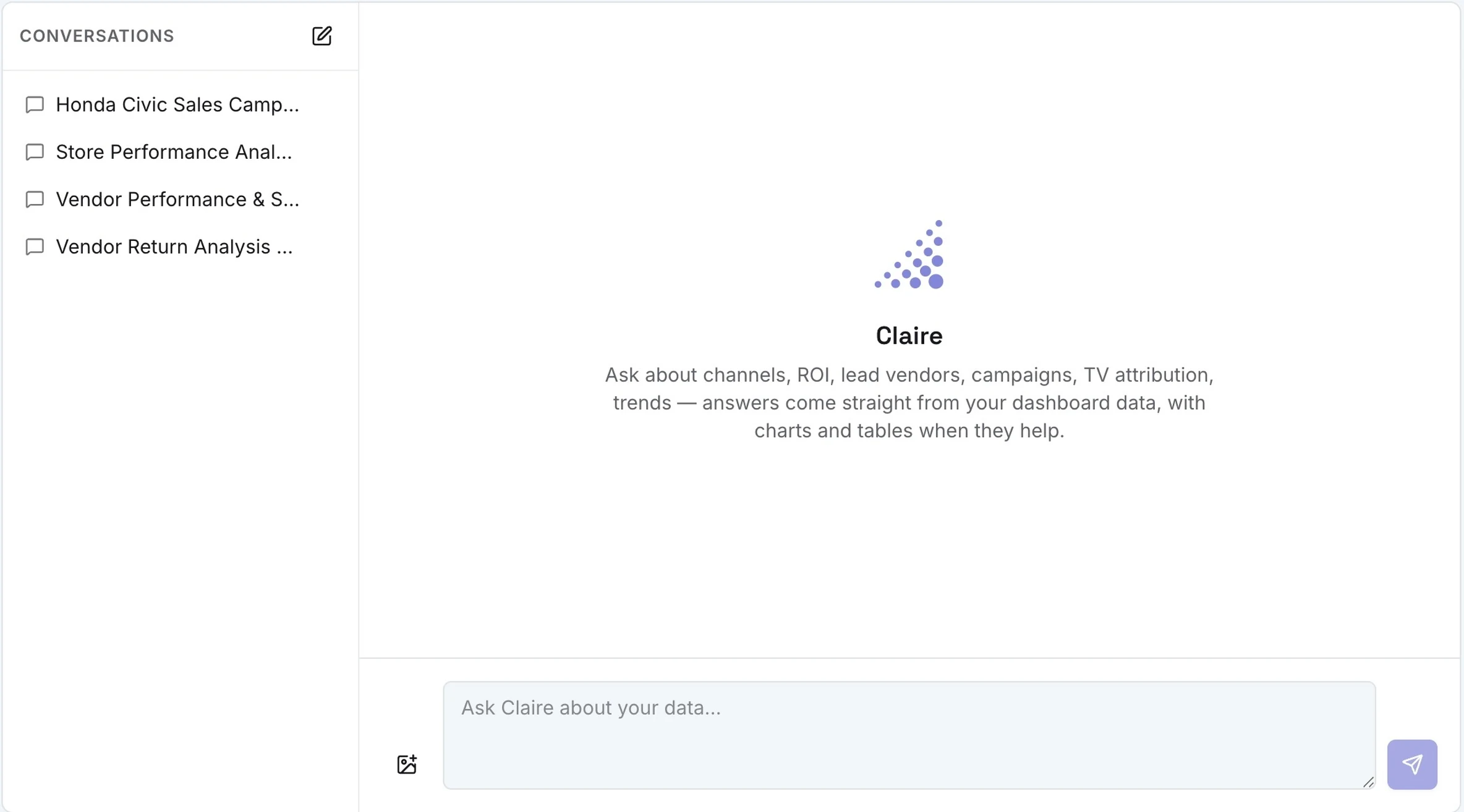 The Claire workspace with saved conversations and a prompt to ask about your data.