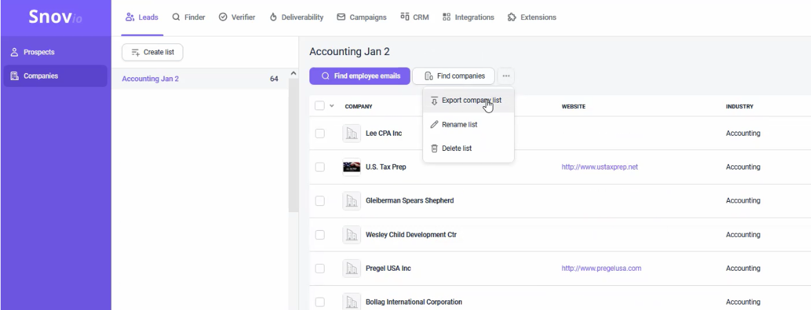Screenshot of the Snov.io "Leads" tab with a list titled "Accounting Jan 2" containing 64 companies. Options include "Find employee emails" and "Find companies," with a dropdown menu offering actions such as "Export company list," "Rename list," and "Delete list." Company entries include "Lee CPA Inc," "U.S. Tax Prep," and "Pregel USA Inc," with columns for "Website" and "Industry," all listed as "Accounting." The left sidebar highlights the "Companies" section under "Leads."
