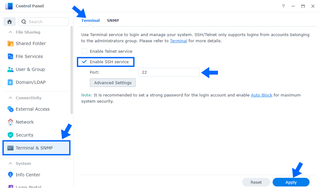 Enable SSH in the Synology Control Panel
