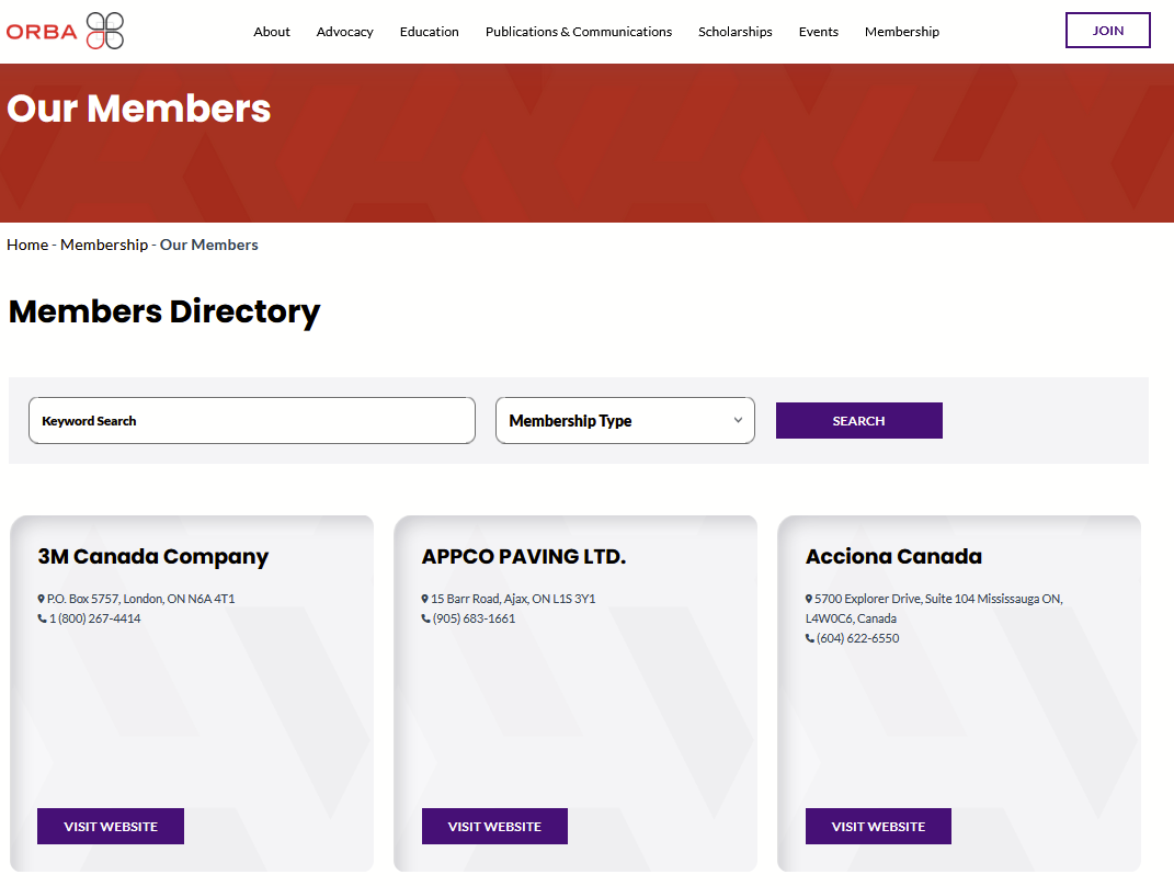 Screenshot of the "Our Members" page from the ORBA (Ontario Road Builders' Association) website. The page title reads "Members Directory," with a search bar for "Keyword Search" and a dropdown menu for "Membership Type." Below are member listings, including "3M Canada Company," "APPCO PAVING LTD.," and "Acciona Canada," with addresses, phone numbers, and "Visit Website" buttons for each listing. The navigation menu includes links like "About," "Advocacy," "Education," "Scholarships," "Events," and "Membership," with a "Join" button on the top right.