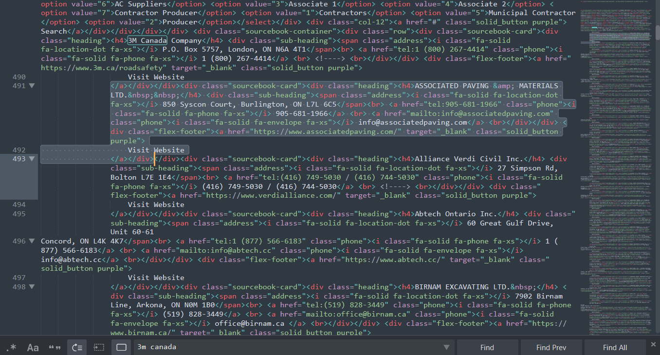 A screenshot of the HTML code of the ORBA Member Directory