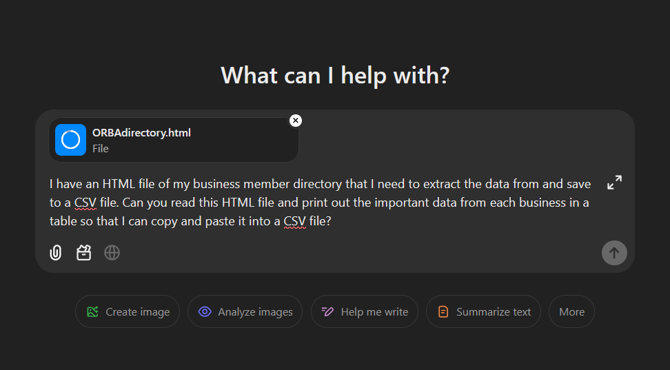A screenshot of a pretty clever sales hacker using ChatGPT to extract the contact data from a member directory
