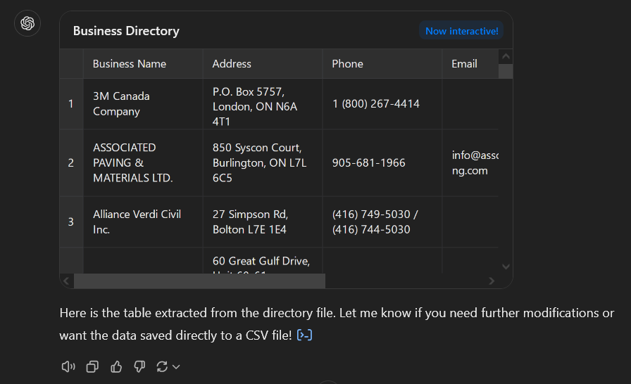 A screenshot of ChatGPT quickly extracting the member data from a member directory and exporting it as a CSV table