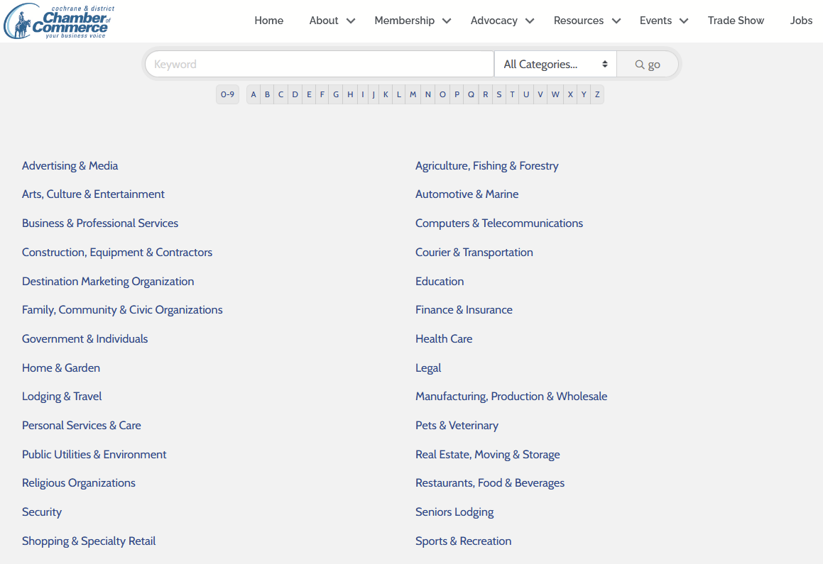 Screenshot of a website page from the Cochrane & District Chamber of Commerce. The page displays a categorized list of industries and services, including "Advertising & Media," "Agriculture, Fishing & Forestry," "Automotive & Marine," "Computers & Telecommunications," and many more. A keyword search bar is at the top with an alphabetical filter for navigating categories. The navigation menu includes links like "Home," "About," "Membership," "Advocacy," "Resources," "Events," "Trade Show," and "Jobs."