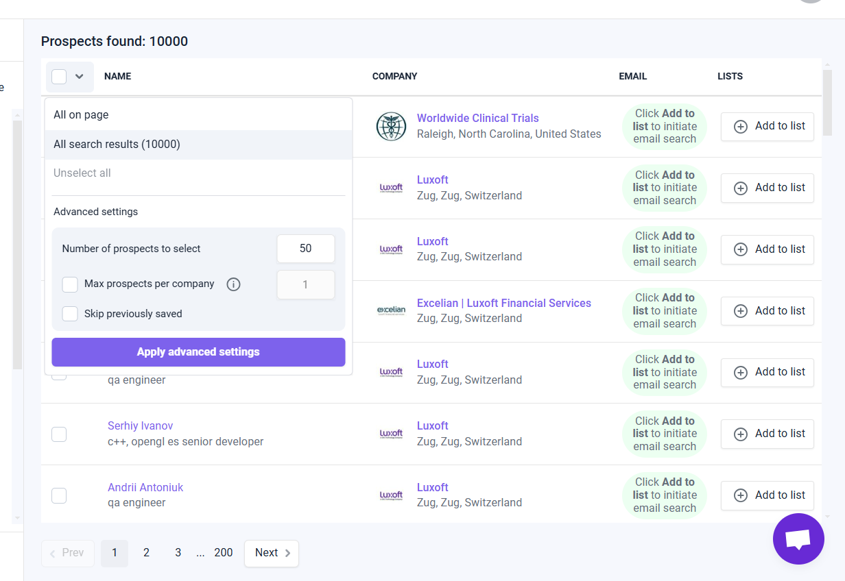 Screenshot of a prospect search in Snov.io showing "Prospects found: 10,000." On the left, a selection menu allows choosing between "All on page" or "All search results (10,000)" with advanced settings to specify the "Number of prospects to select," limit "Max prospects per company," and skip previously saved prospects. On the right, a table lists company names (e.g., Worldwide Clinical Trials and Luxoft), locations, and email options labeled "Click Add to list to initiate email search." Each row has an "Add to list" button. Navigation for multiple pages is visible at the bottom.