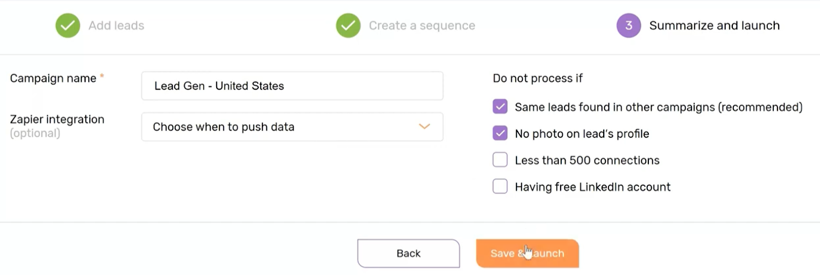 Lead generation campaign setup summary for 'Lead Gen - United States', showing processing conditions and 'Save &amp; launch' button highlighted.