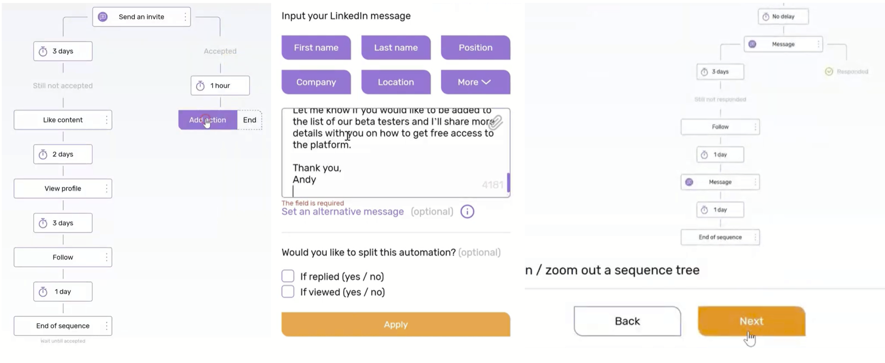 Screenshot showing a LinkedIn automation sequence editor. On the left, a flowchart outlines actions such as sending an invite, liking content, viewing a profile, and following, with specific time delays in between. On the right, there is a message input field with pre-defined personalization buttons like "First name," "Last name," and "Position." Below, options allow for splitting automation based on replies or views, with checkboxes for these conditions. At the bottom, there are "Apply" and "Next" buttons.