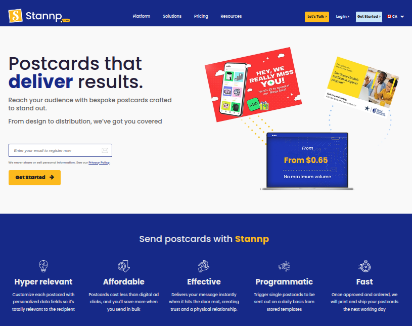 Stannp postcard marketing platform homepage showcasing direct mail solutions and features like affordability and fast delivery for effective campaigns.
