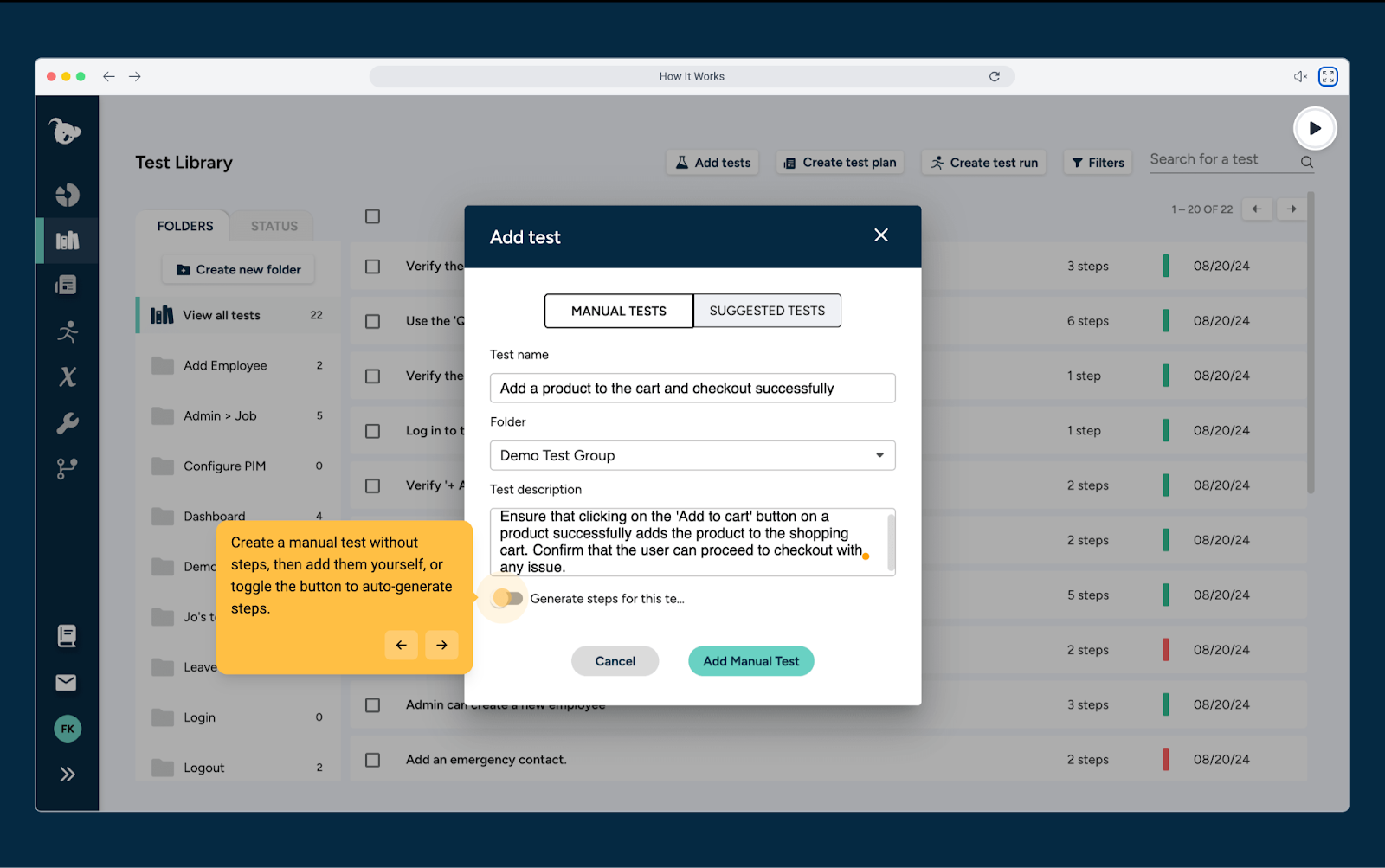 how to add tests in qualiti dashboard 