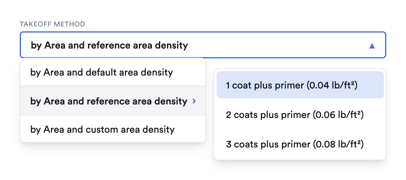 Dropdown menu labeled 'Takeoff Method' with options 'by Area and default area density,' 'by Area and reference area density' selected, and 'by Area and custom area density.' Next to it, another dropdown lists coating options with weights: 1 coat plus primer (0.04 lb/ft²) highlighted, 2 coats plus primer (0.06 lb/ft²), 3 coats plus primer (0.08 lb/ft²).