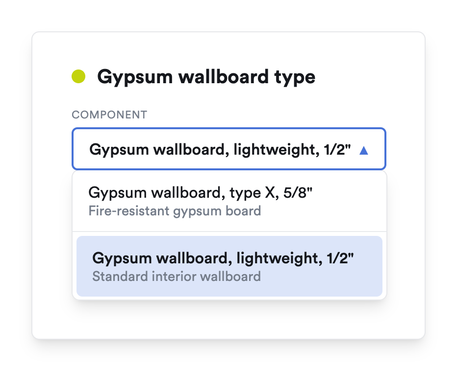 Dropdown menu titled Gypsum wallboard type with two options: Gypsum wallboard, type X, 5/8 inch described as fire-resistant gypsum board, and Gypsum wallboard, lightweight, 1/2 inch described as standard interior wallboard, with the lightweight 1/2 inch option selected.