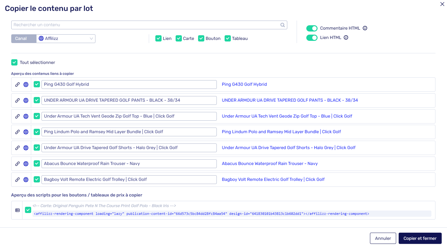 écran de créations de liens affiliés pour Youtube