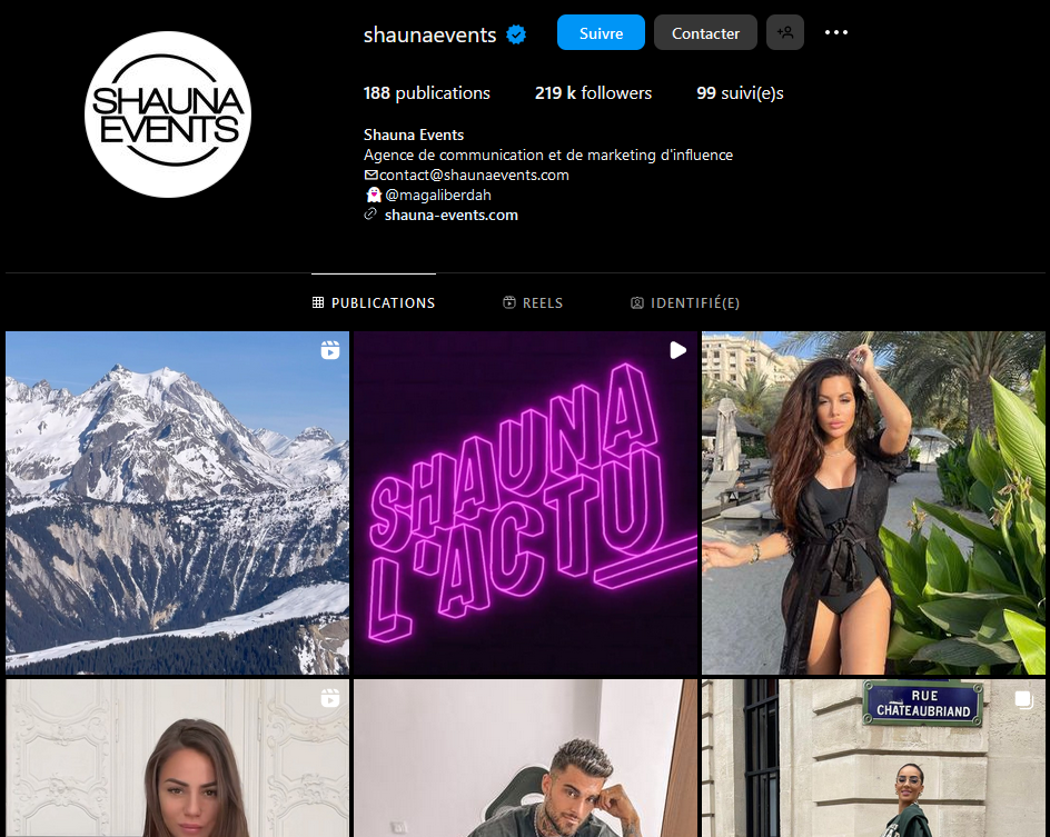 Page Instagram d'une agence d'influenceurs