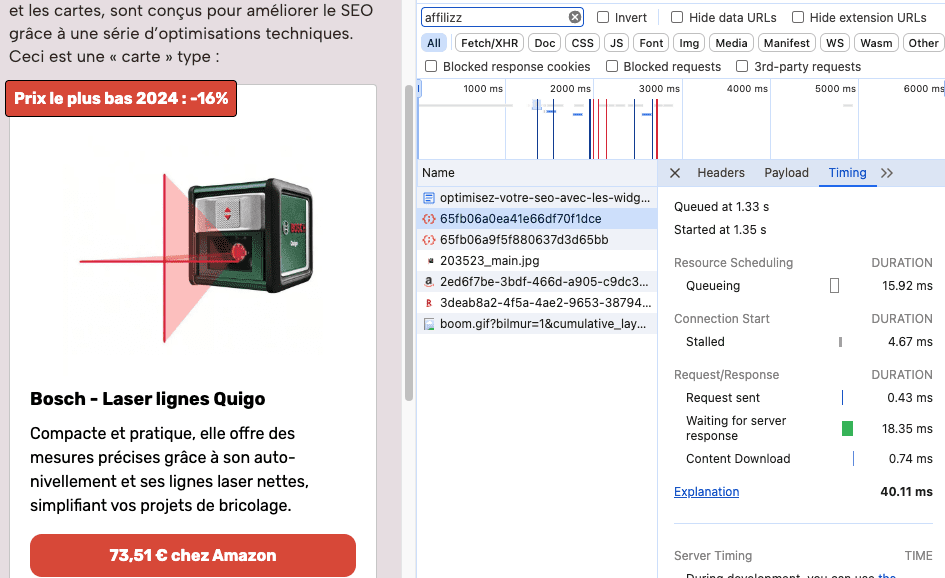 La "carte" enrichie avec visuel, texte, tag, pts fort/faibles... arrive ici en 18,35 ms