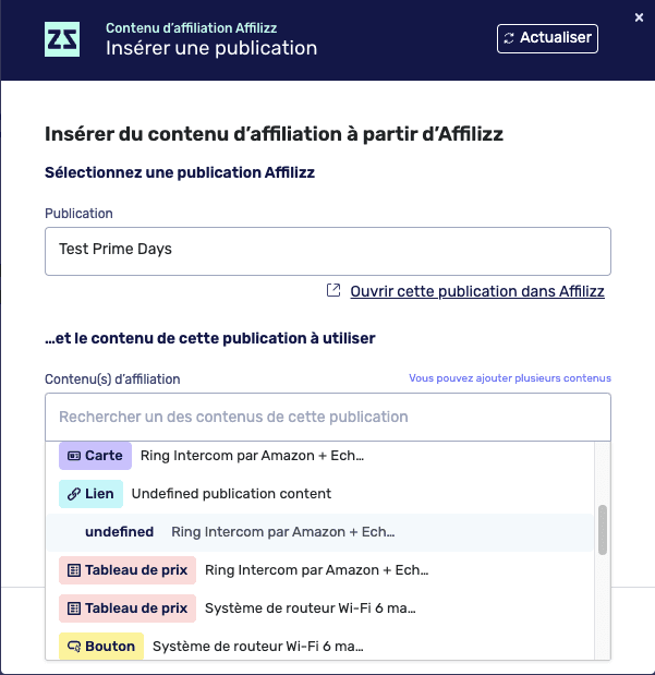 fenetre contenus affilizz wordpress