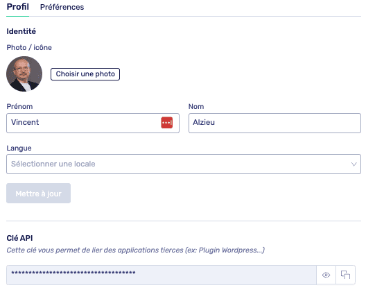 profil utilisateur clé api affilizz wordpress
