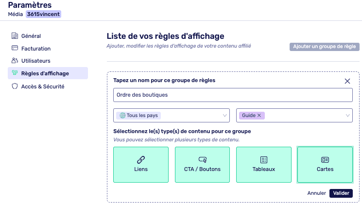 affilizz regle affichage boutiques tableaux de prix